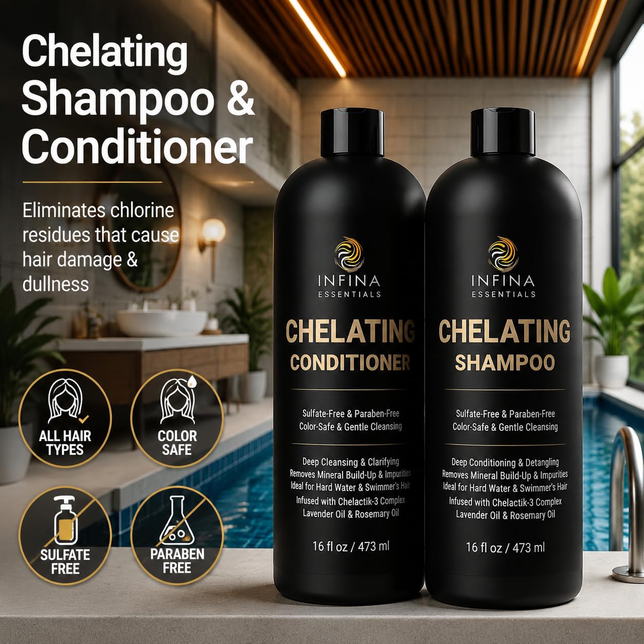 INFINA ESSENTIALS Chelating Clarifying Shampoo and Conditioner for Hard Water & Chlorine Removal | 16 fl oz | Sulfate Free Metal Detox Shampoo