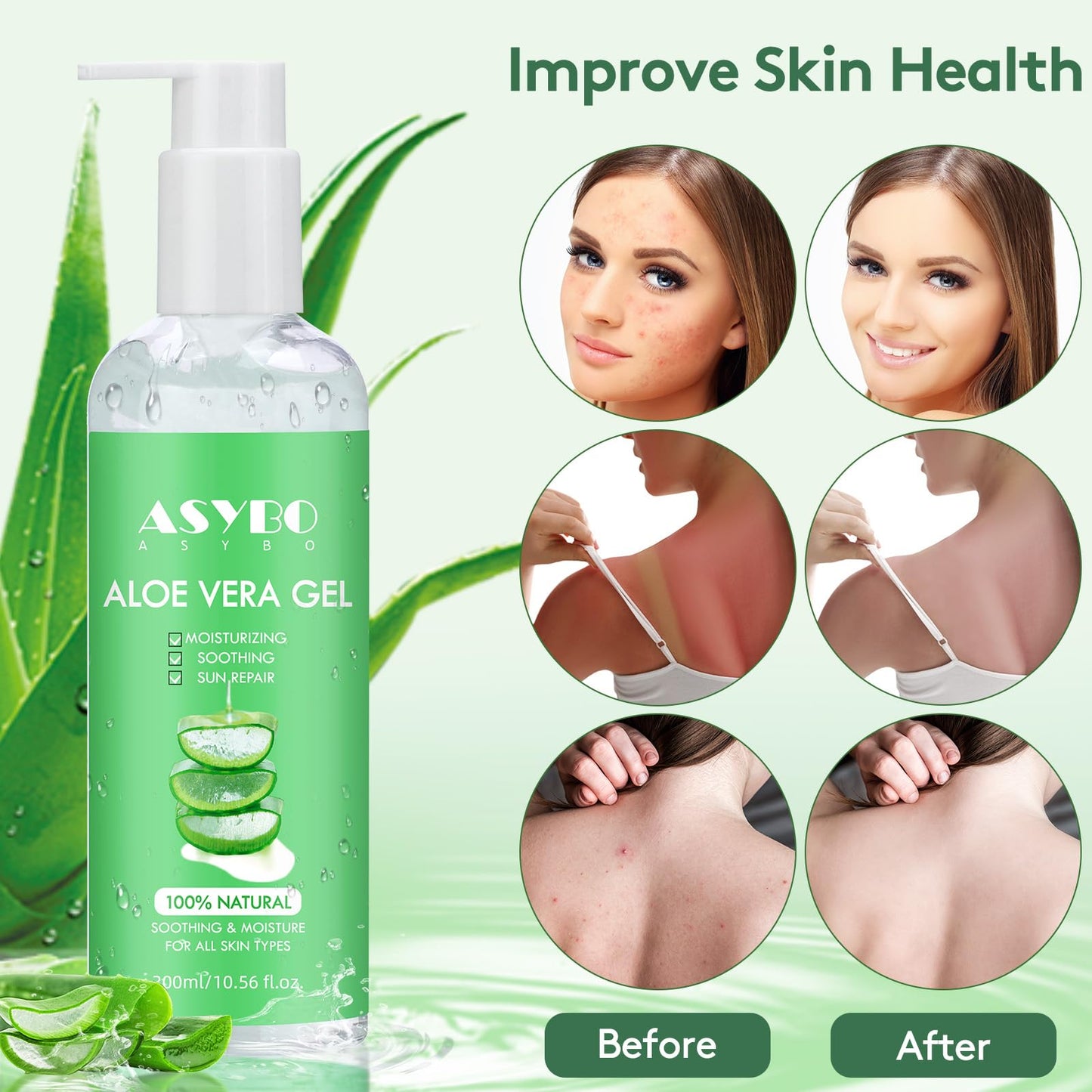 ASYBO 300 ml Aloe Vera Gel, 100% Natural Pure Aloe Vera Hydrating Facial Cream, Soothing & Moisturizing, After Sun Care, Reduce Acne, Repair Scars