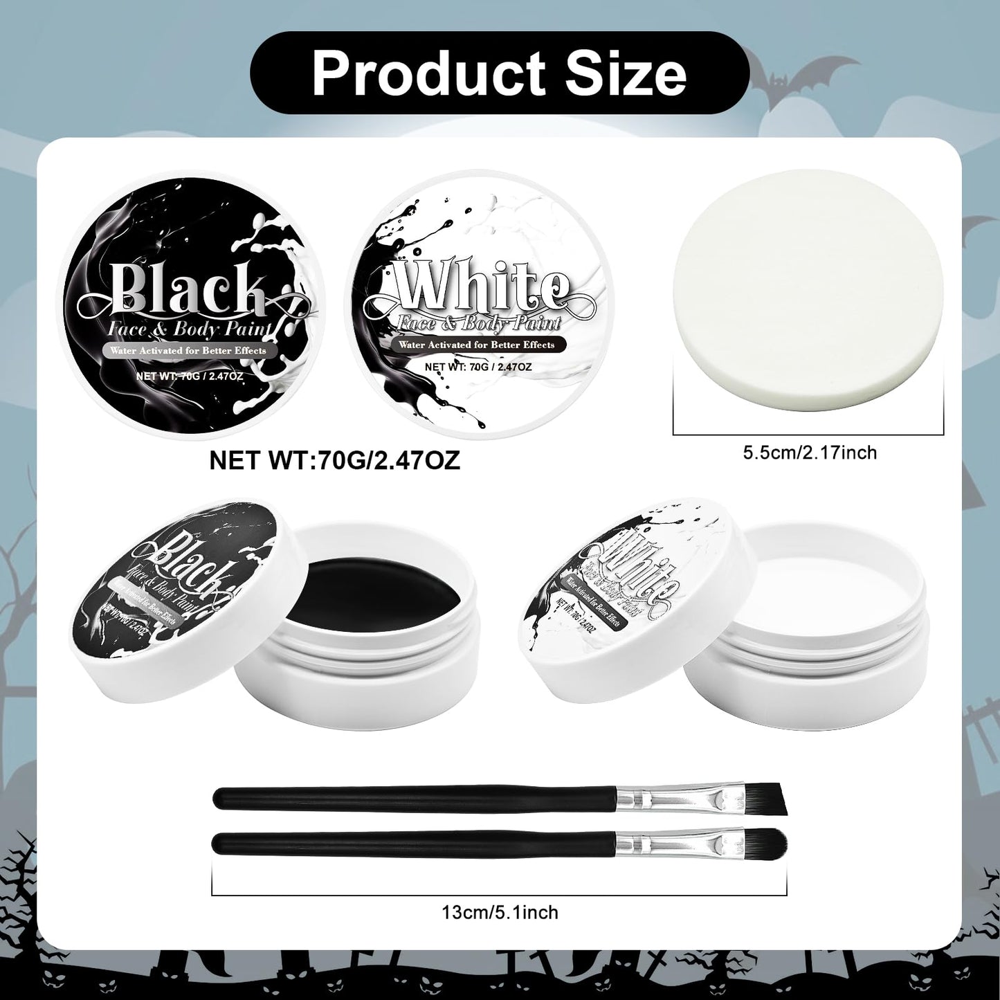 Black & White Face Paint Set (2.47 oz Each) - Professional High Pigment Oil-Based Makeup Kit for Halloween SFX, Clown, Joker, Skeleton Cosplay - Body
