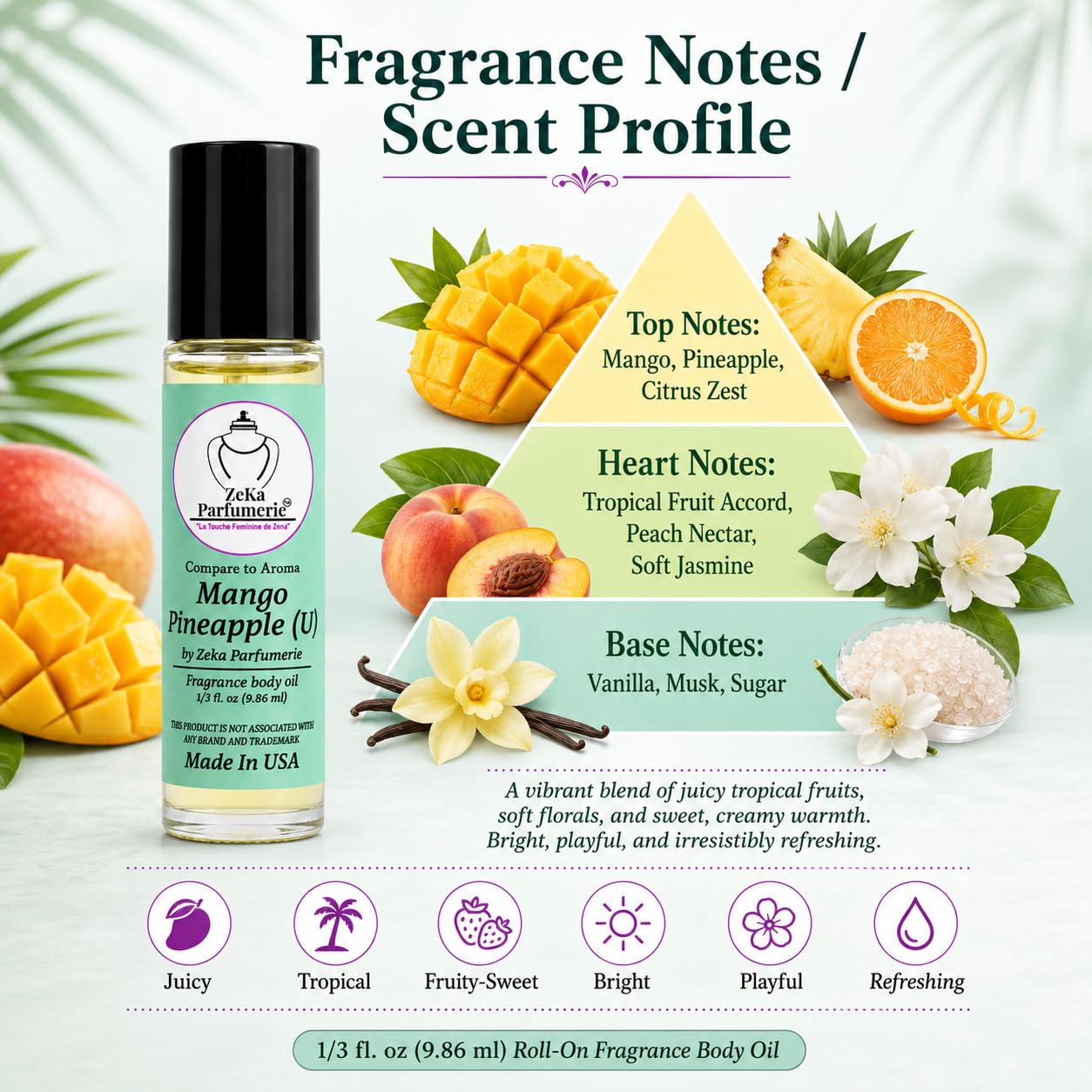 ZEKA PARFUMERIE Mango Pineapple Perfume Oil | Long-Lasting Unisex Fragrance Body Oil | Alcohol-Free Roll-On | 1/3 Fl Oz (9.86 mL) Made in USA