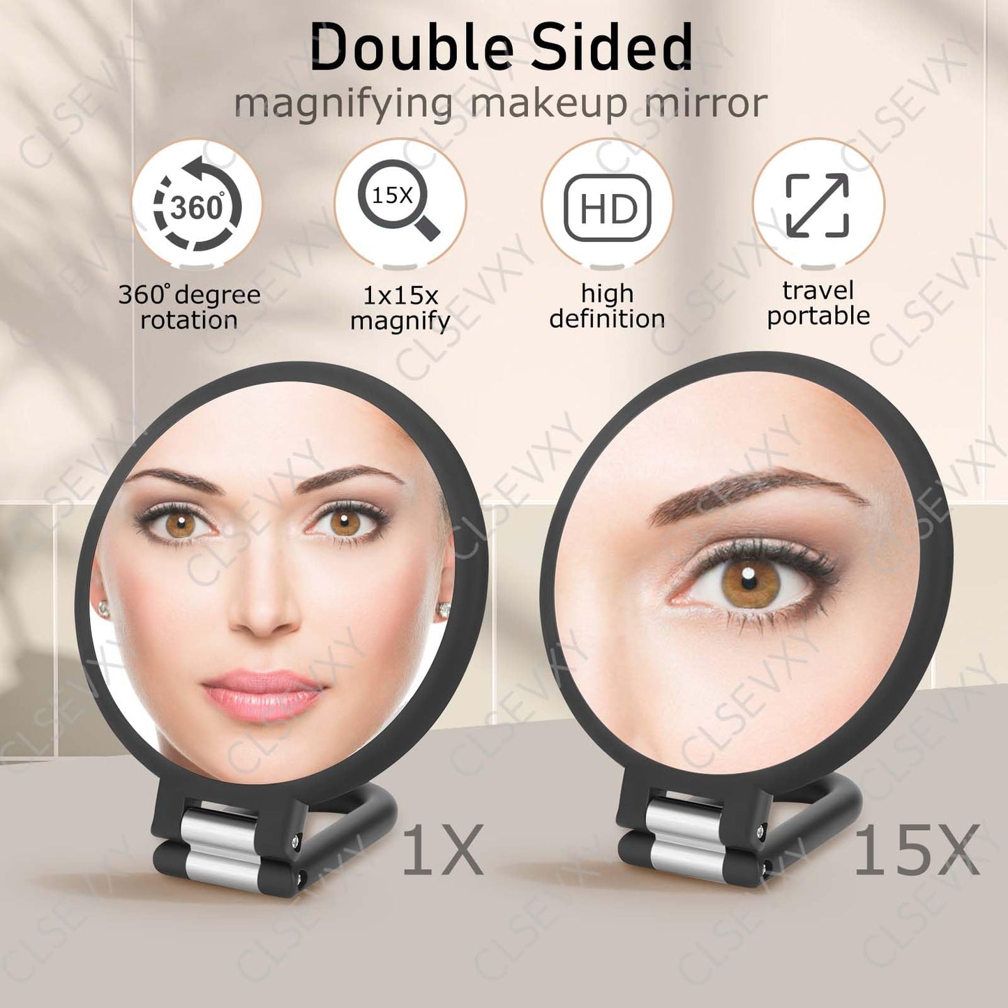 CLSEVXY Magnifying Handheld Mirror Double Sided, 1X 15X Magnification Hand Mirrors, Travel Folding Hand Held Mirror, 360°Rotation Pedestal Makeup Beauty and Personal Care CLSEVXY