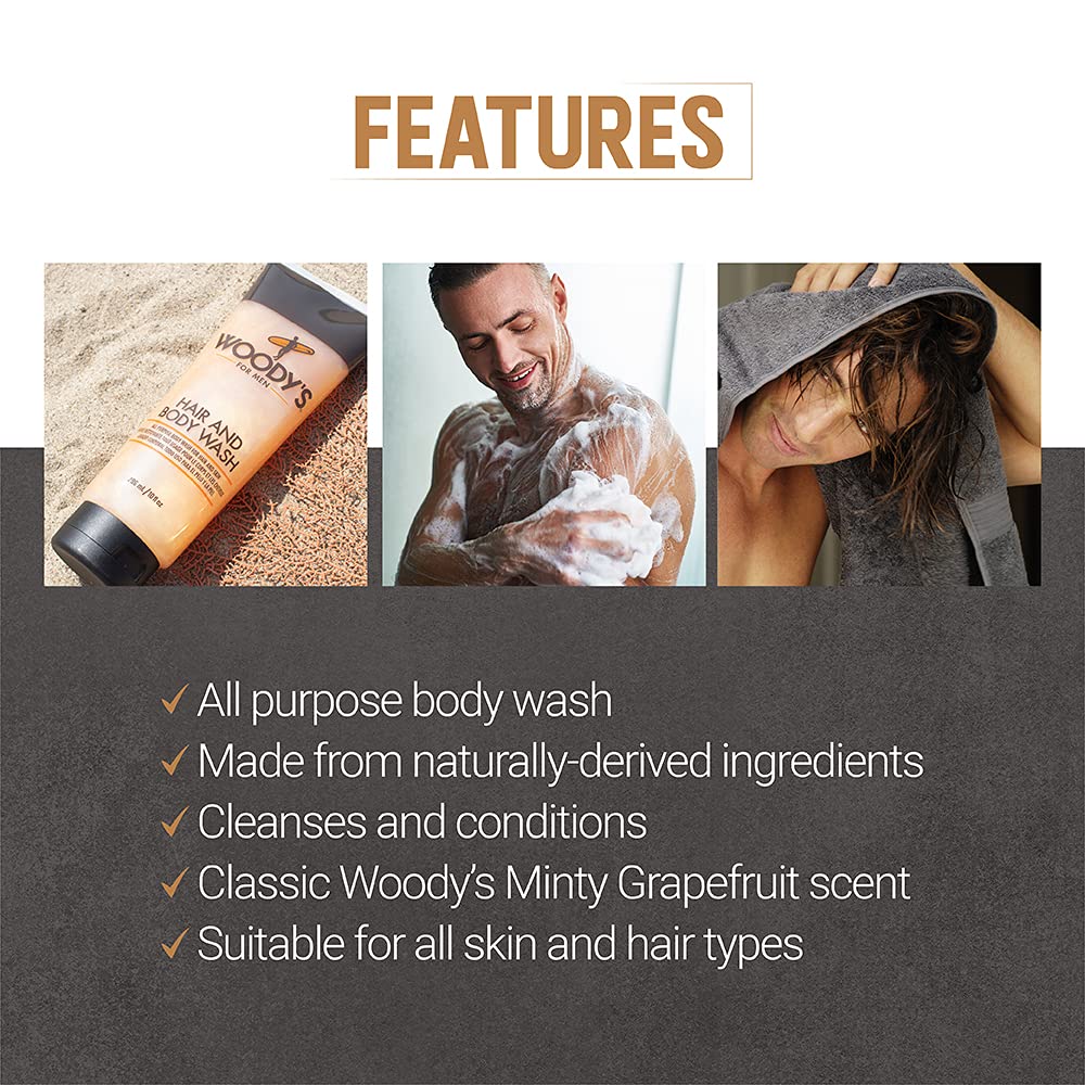 Woody's Hair and Body Wash for Men - 2-in-1 Cleanser & Body Wash, Deep Cleansing, Hydrating, Refreshing Scent, Sulfate-Free, 10 fl oz, 1 Pack
