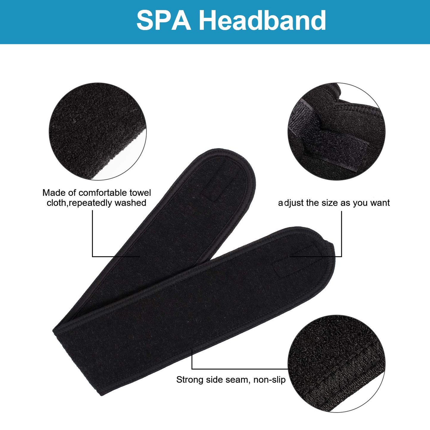 Whaline Spa Facial Headband Head Wrap Terry Cloth Headband 4 Counts Stretch Towel for Bath, Makeup and Sport (Black)