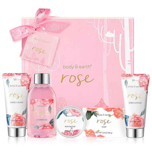 Bath and Body Gift Set for Women, Body & Earth 5 Pcs Rose Spa Gifts for Women, Self Care Kit, Lotion Set for Her, Birthday, Mothers Day Presents