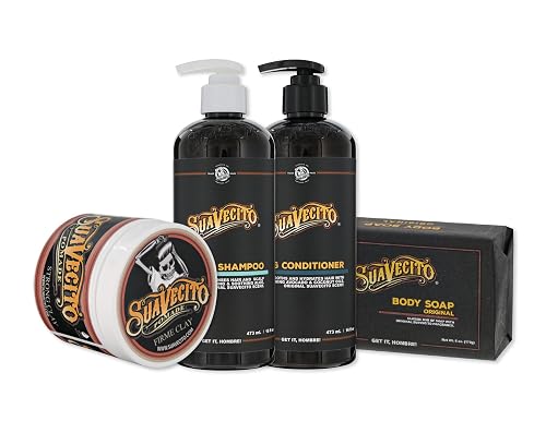 Suavecito Hair & Body Essentials Bundle: Firme Clay Hair Styling Pomade, Moisturizing Body Soap, Hydrating Shampoo & Nourishing Conditioner