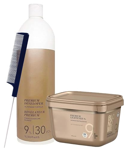 Blonde Me Lightener 9+ Bleach 450g with Blonde Me 9% / 30 Volume Developer 1L and Pin Tail Comb - Professional Hair Bleach Kit for Maximum Lift