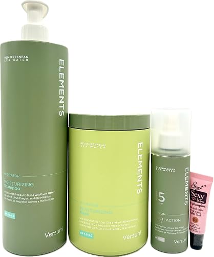 Versum Elements Mediterranean Sea Water Hydrator Moisturizing Shampoo and Mask 1000ml/33.8 Fl oz + Multi Action 15 in 1 5.07 fl oz - Free Lip Plumping