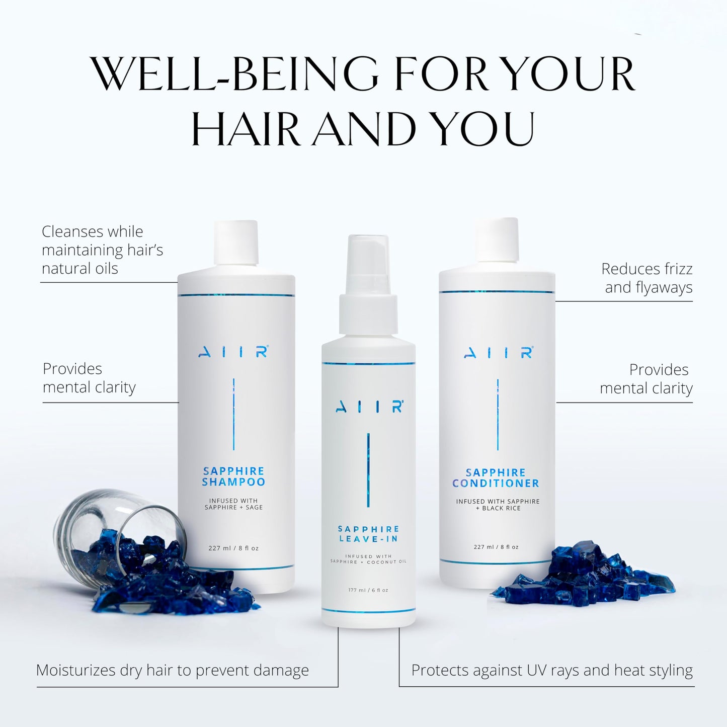AIIR Sapphire Bundle - Sapphire Infused Shampoo, Conditioner & Leave-In Conditioner Set - Strengthen Damaged Hair, Frizz Control, Heat Protectant