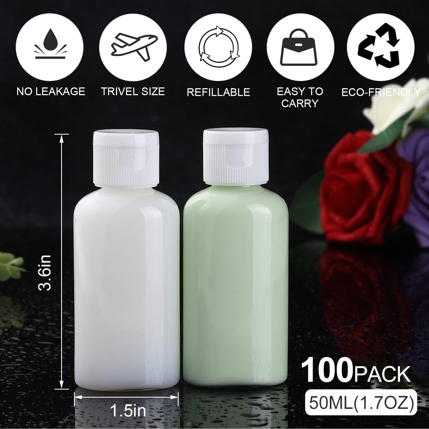 100Pack 1.7oz/50ml Plastic Empty Squeeze Bottles with Flip Cap Hand Sanitizer Bottle small travel Size bottles Refillable Container for Shampoo Lotion