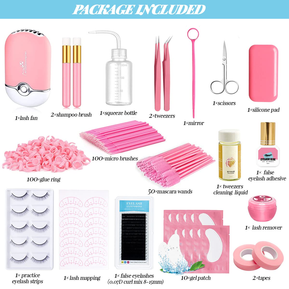 Lash Extension Kit Professional USB Eyelash Fan Individual 0.07D Curl Mix 8-15mm Extra Strong Glue Lash Glue Remover Eye Patch Silicone Pad