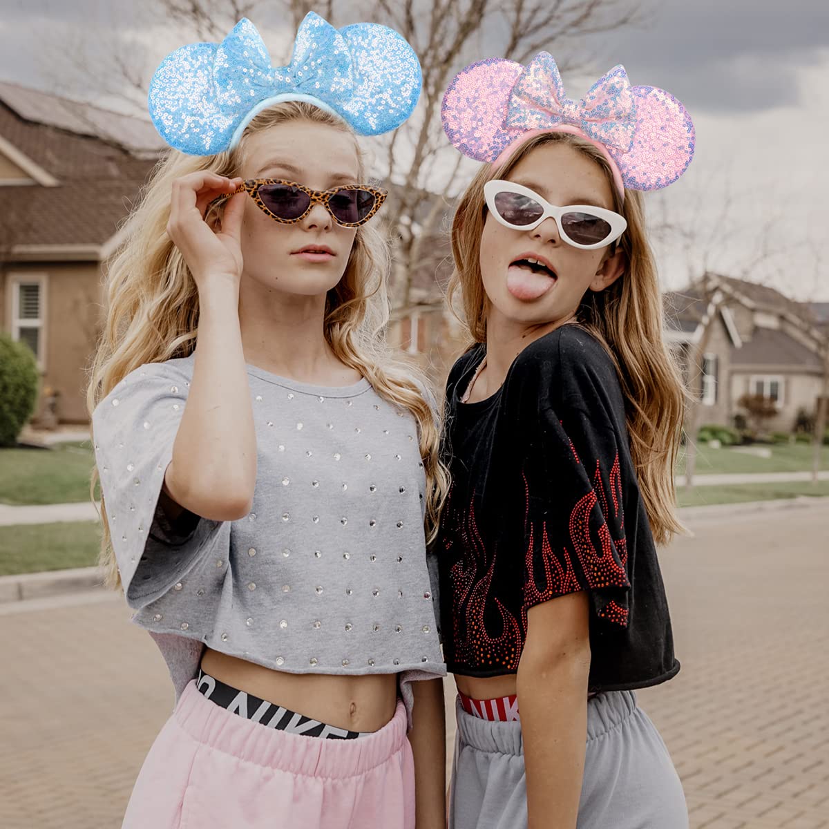 Seamoy Mouse Ears headband,2pcs Sequin Headband Glitter Hairband for Baby Shower Headwear Halloween Theme Party Decorations (Pink&Blue)