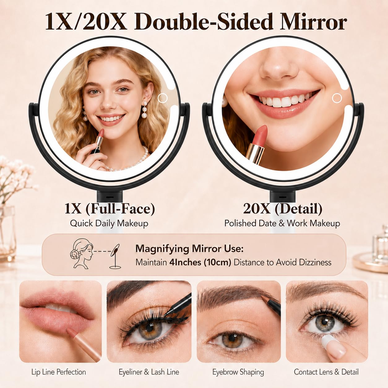 MOMOKUBA Makeup Mirror with Lights, 20X Magnifying Mirrors, Height Adjustable, Vanity Mirror with Lights Rechargeable 3 Color Modes, Double-Sided Beauty and Personal Care MOMOKUBA