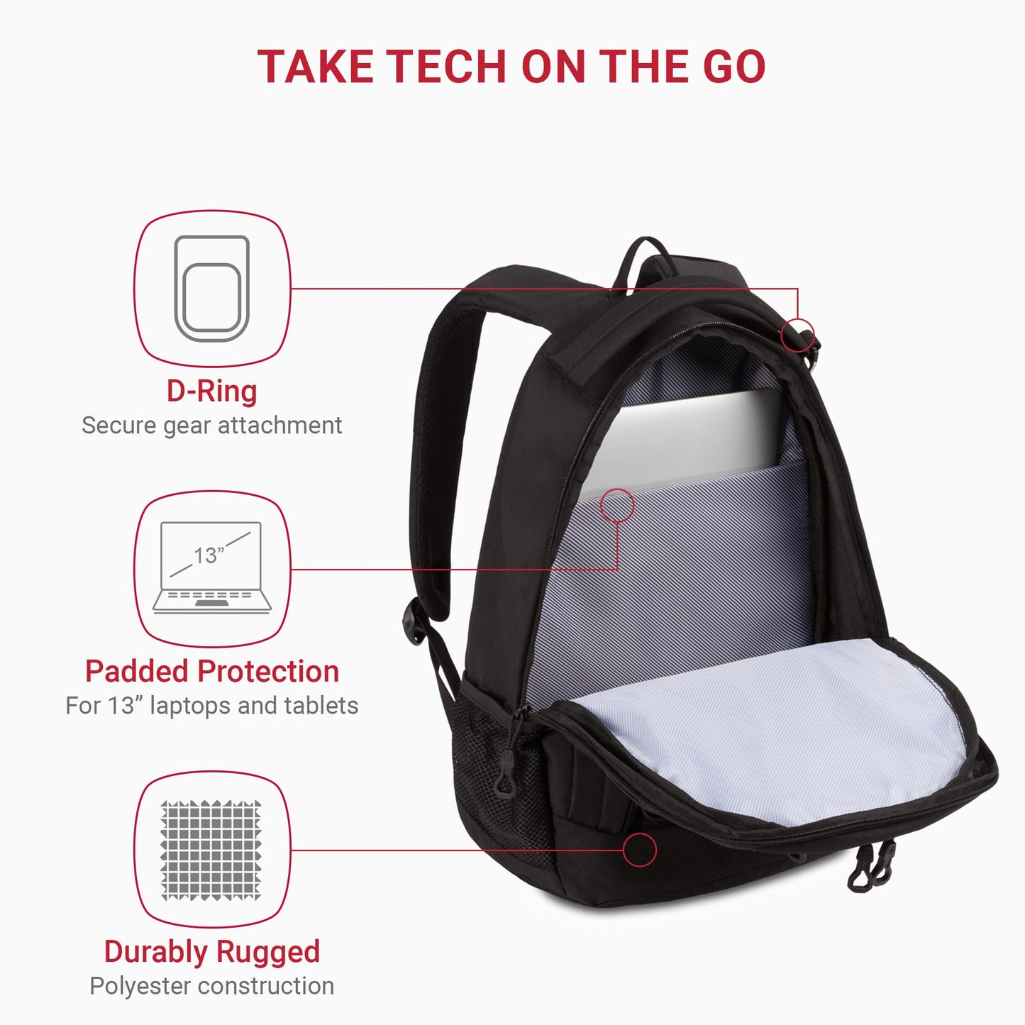 SwissGear 1186 Special Edition 13” Laptop Backpack Black - Compact Tech Bag with Reflective Accents - Multiple Organizer Pockets with Bungee Cords & D-ring Attachment Point
