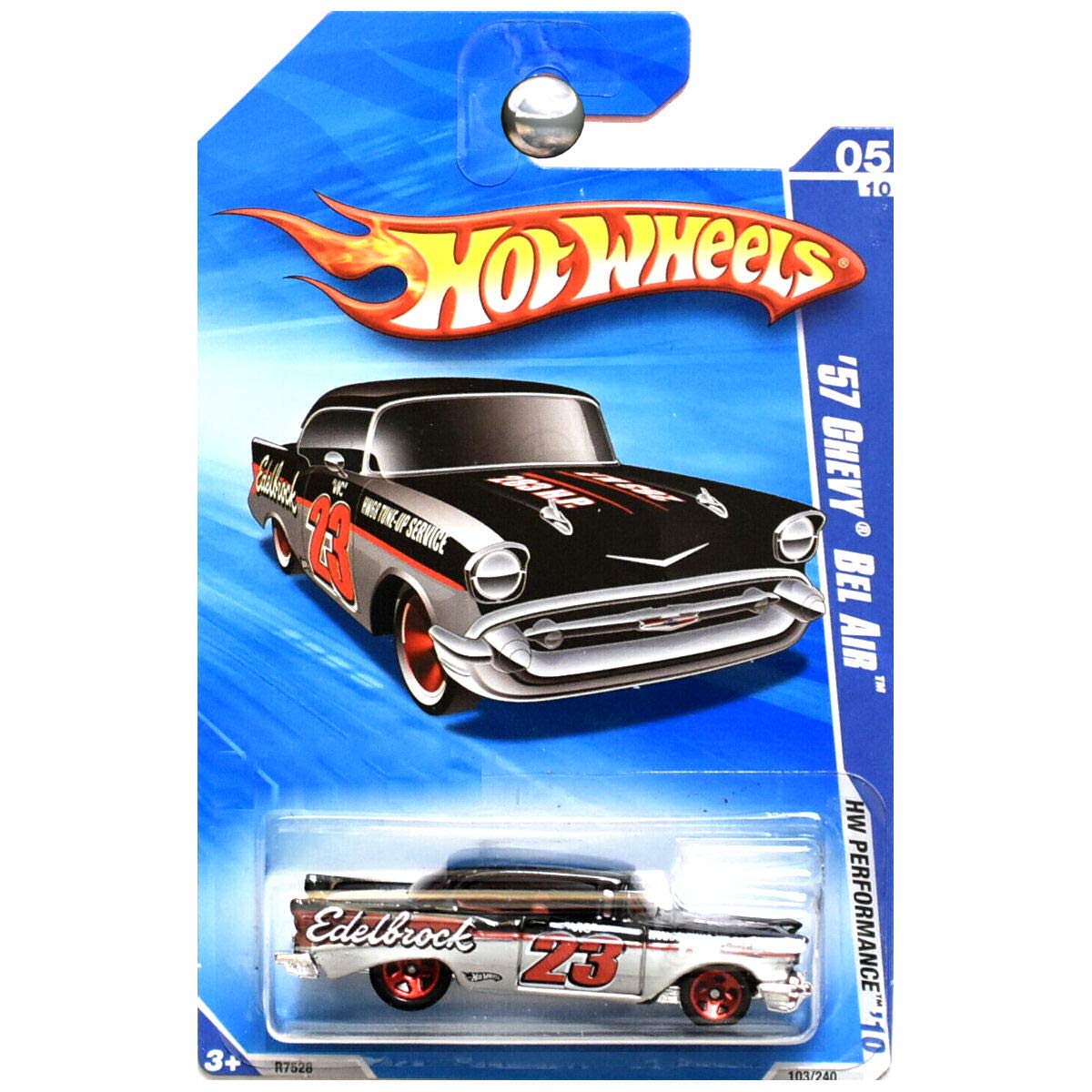 HOT WHEELS 05/10 '10 HW PERFORMANCE '57 CHEVY BEL AIR EDELBROCK BLACK & SILVER WITH RED RIMS