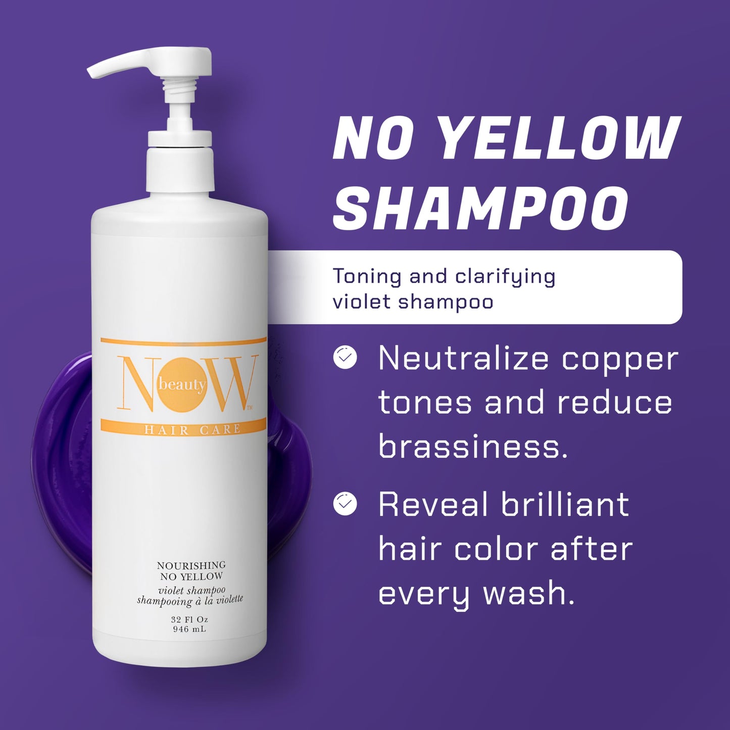 NOW BEAUTY Nourishing No Yellow Violet Shampoo - Purple Shampoo for Blonde Color-Treated Hair - Removes Brassiness - Hydrate - Vegan - Color safe