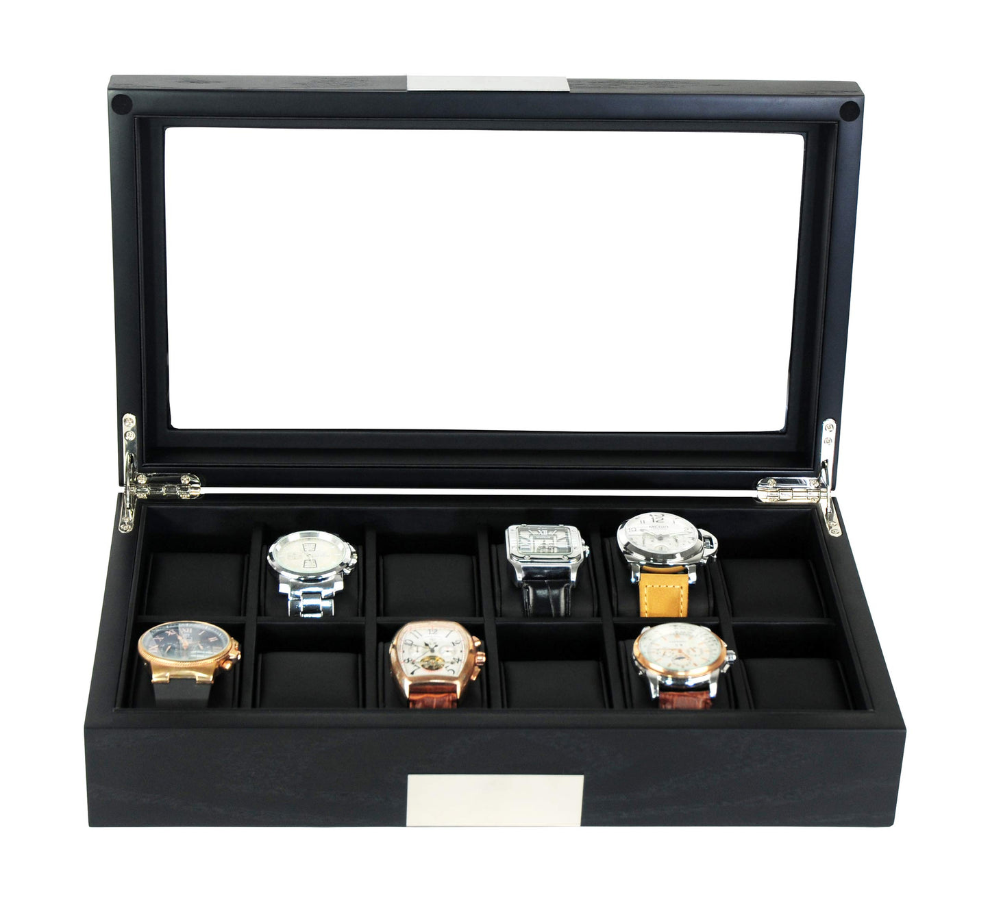 TIMELYBUYS 12 Ebony Wood Watch Box Display Case Storage Jewelry Organizer with Glass Top, Stainless Steel Accents, and Oversized Black Pillows
