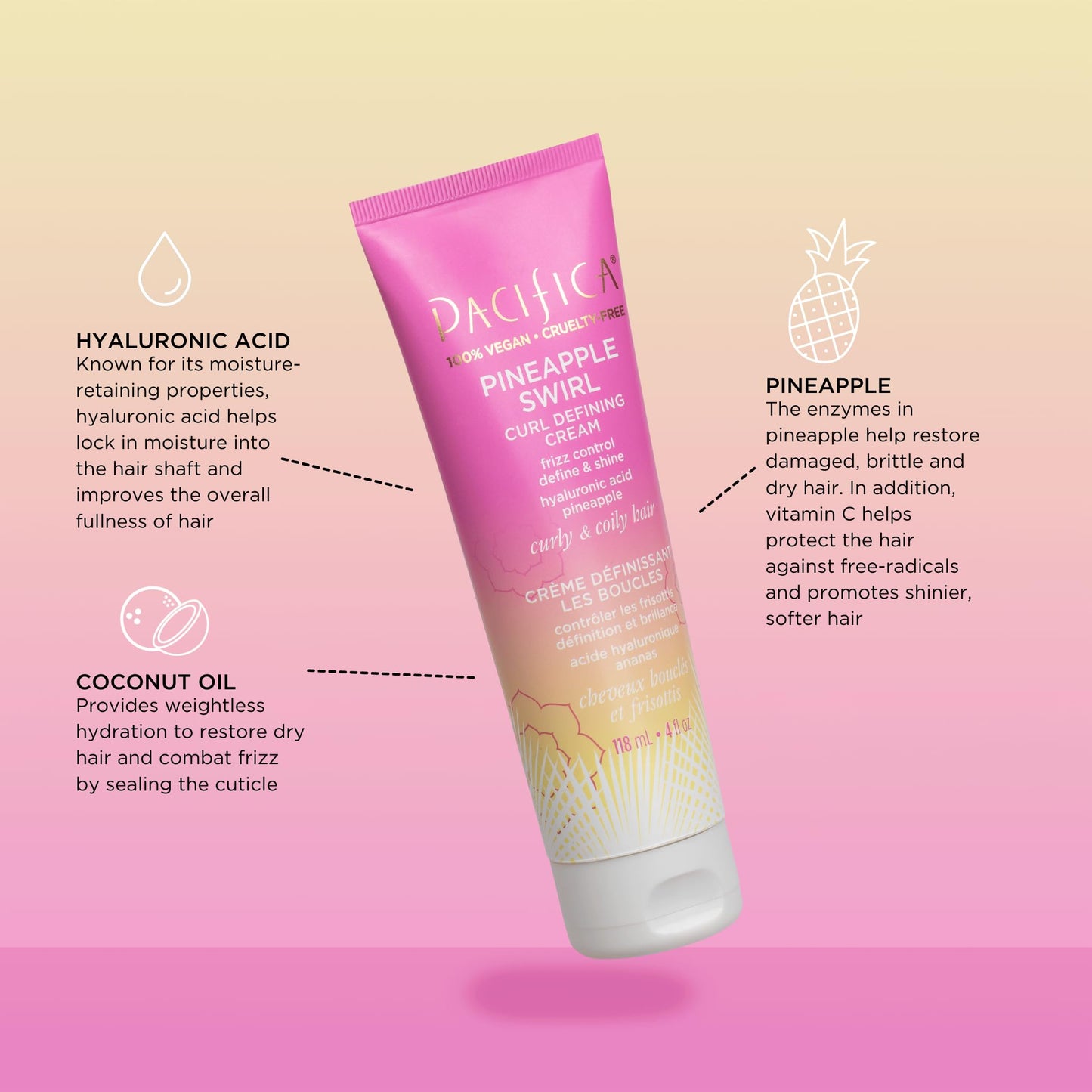 Pacifica Pineapple Swirl Curl Defining Cream - Curl Cream for Curly Hair, Curly Hair Products with Coconut Oil and Hyaluronic Acid, Styling for Bouncy