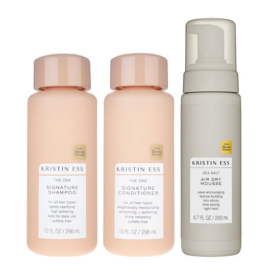 Kristin Ess Hair The One Signature Set - Lightly Clarifying Sulfate Free Shampoo, Hydrating Conditioner + Texturizing Sea Salt Air Dry Volumizing +