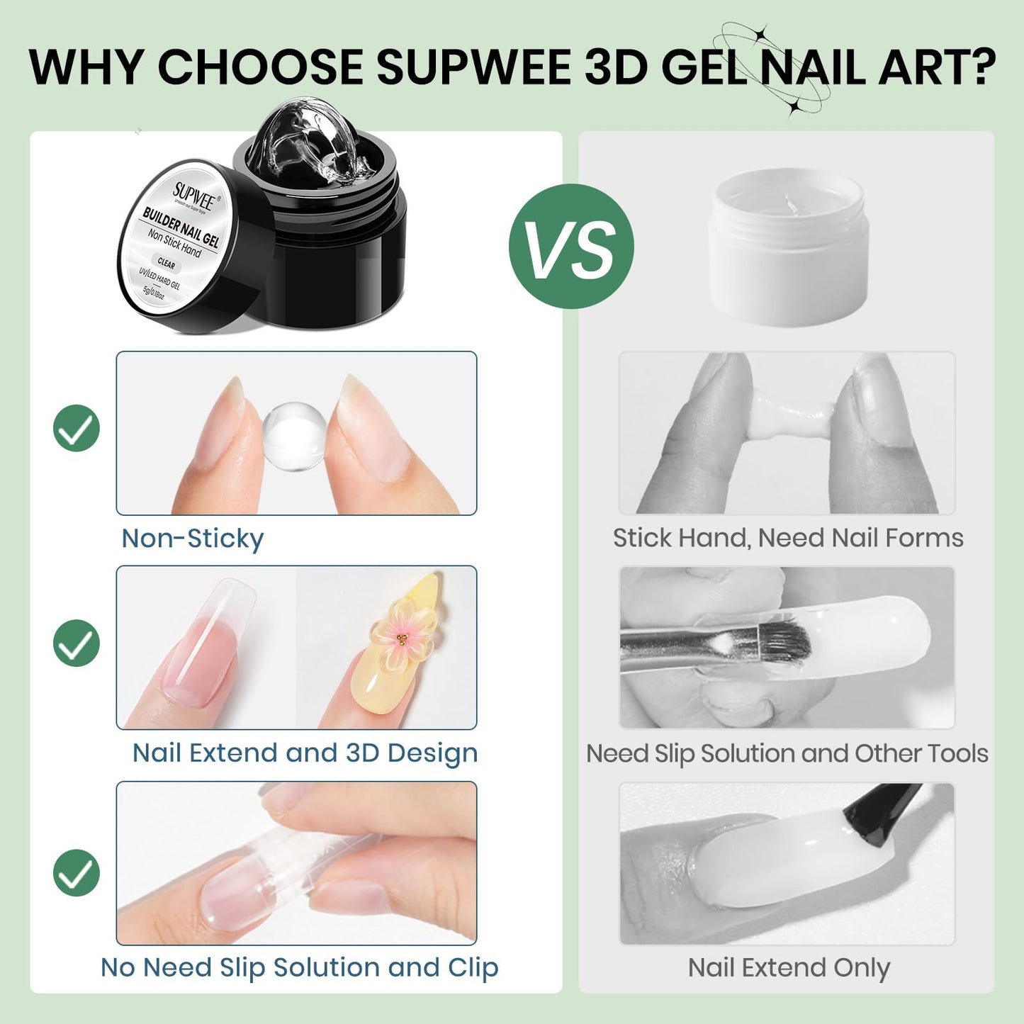 SUPWEE Clear 3D Gel Nail Art, 2PCS 3D Sculpting Gel for Nail Art Non Stick Hand Solid Builder Gels Home Manicure, Nail Salon, Nail Charms, Solid Beauty and Personal Care SUPWEE
