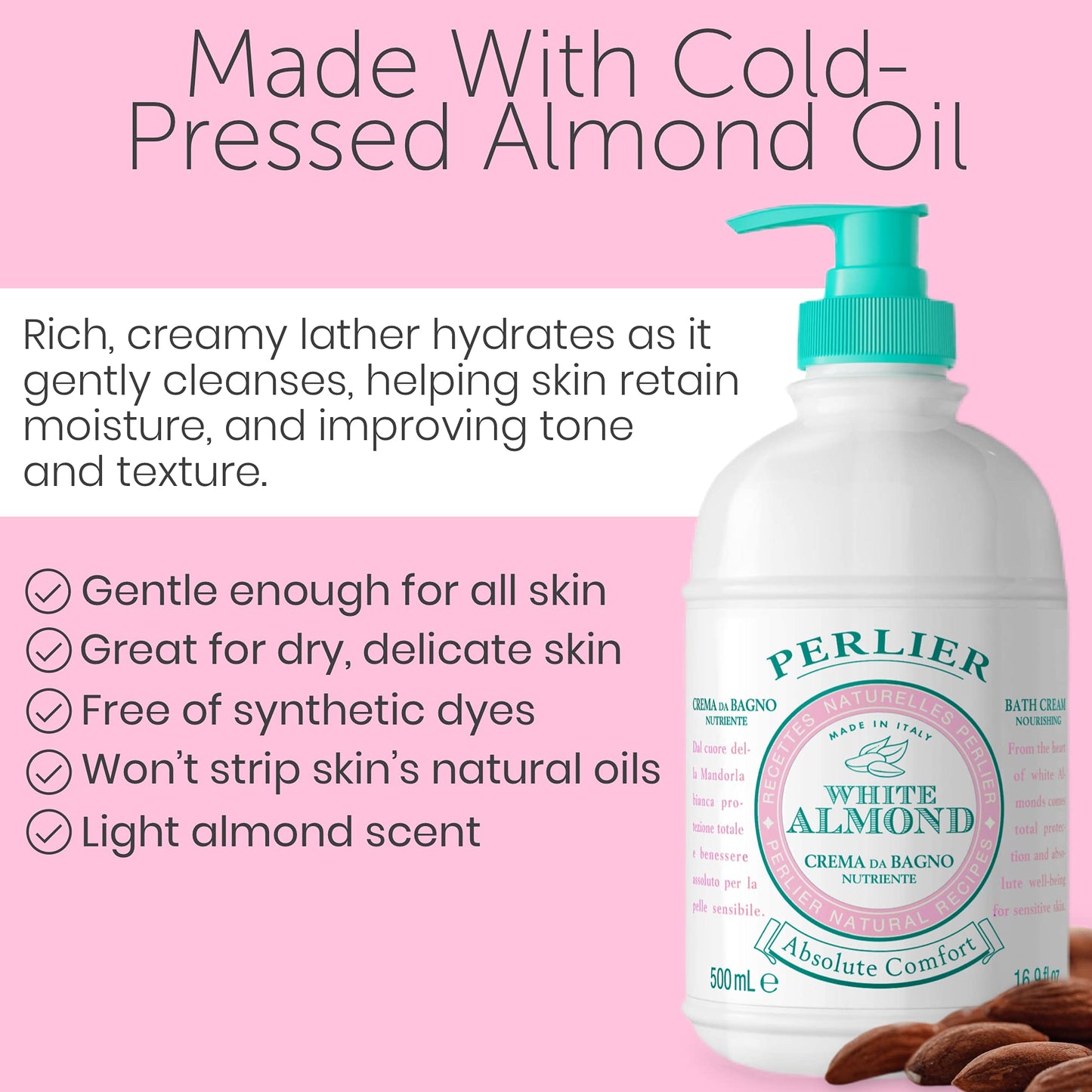 Perlier White Almond Shower & Bath Cream - Nourishing & Soothing Luxury Bath Cream Made with Almond Oil for Deep Moisturization and Hydration (16.9