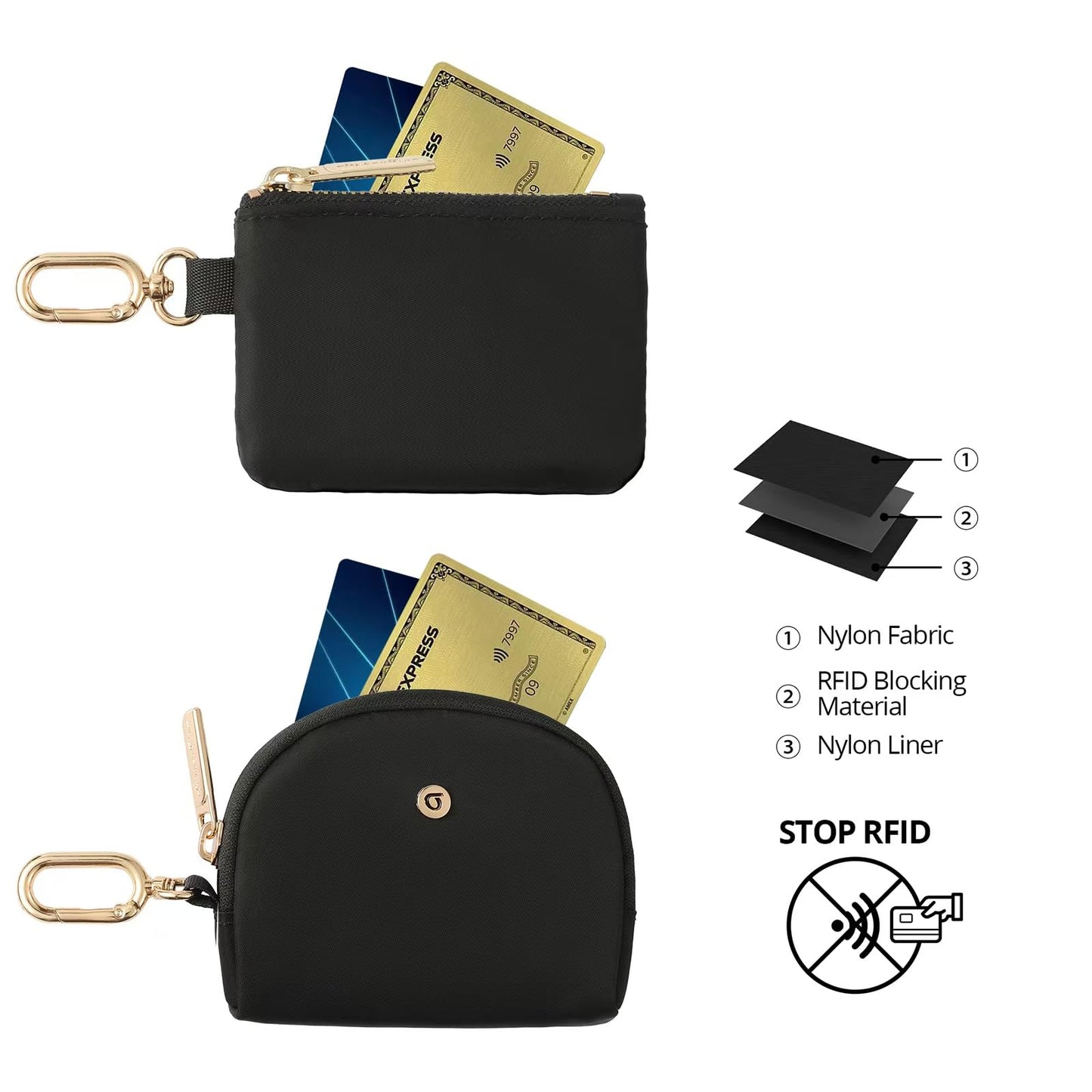 Keychain Wallet Mini Zip Around Wristlet Wallets For Women Detachable Dual Pouch Portable Coin Purse Small With Rfid Blocking (Black & Gold Hardware)