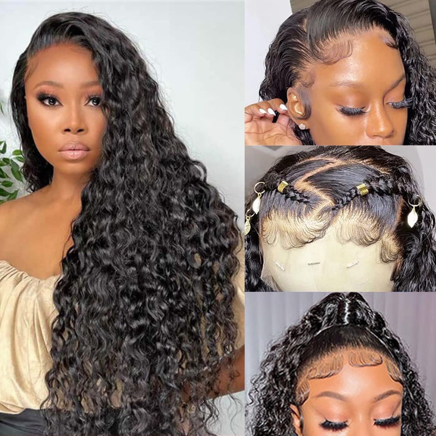 SNJON 13x6 HD Transparent Lace Front Wigs Human Hair 180 Density Curly Lace Front Wigs Water Wave Wigs for Women Wet and Wavy Human Hair Wig Pre