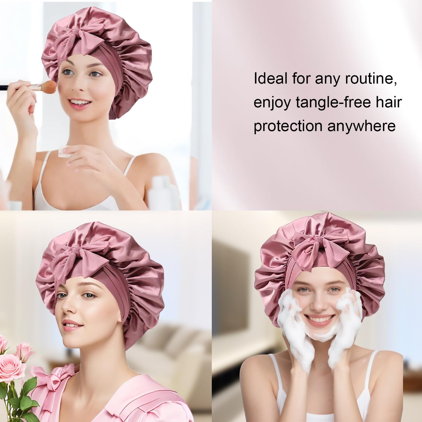 Silk Bonnet for Women, Satin Bonnet for Sleeping, Large Sleep Cap with Elastic Tie Band for Curly Hair (Bean Paste Pink) Beauty and Personal Care Confvrter