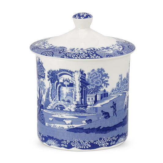 Spode Blue Italian Porcelain Kitchen Storage Jar - 7.5 Inch Airtight Food Container with Decorative Countryside Scene - Dry Goods Canister for Pantry…