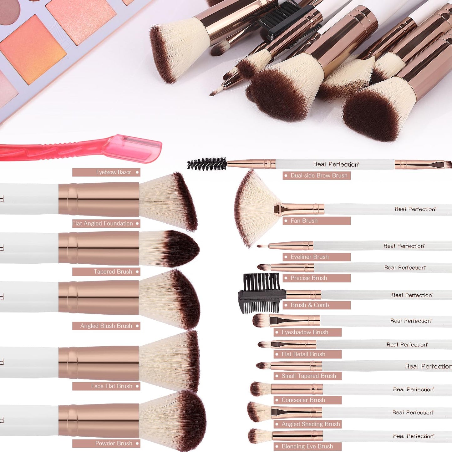 Real Perfection Makeup Brush Set 16 Pcs with 1 Eyebrow Razor Premium Synthetic Foundation Powder Concealers Eyeshadow Blush Makeup Brushes Make up Beauty and Personal Care Real Perfection