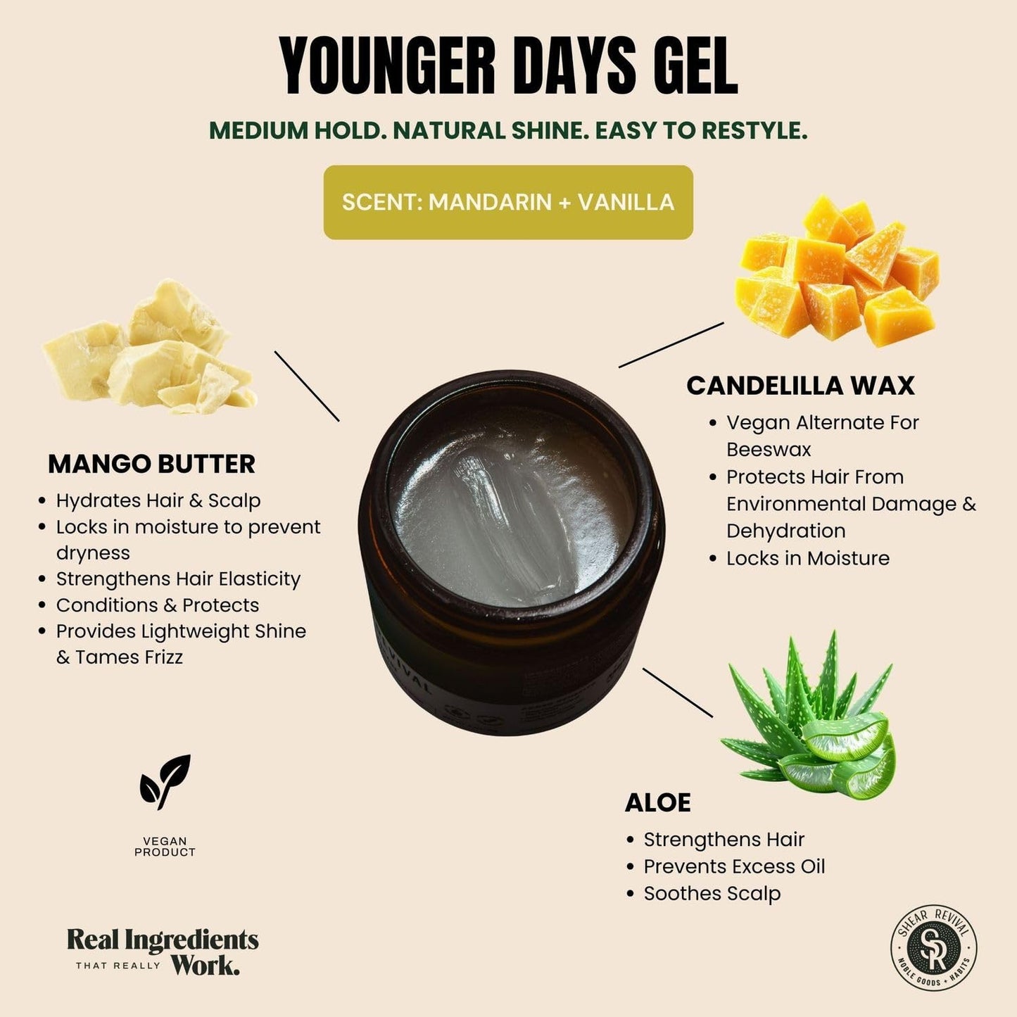 Shear Revival Younger Days Gel Pomade for Men & Women - Vegan, Medium Hold, Natural Finish for All Hair Types, Mandarin & Vanilla Scent, Travel