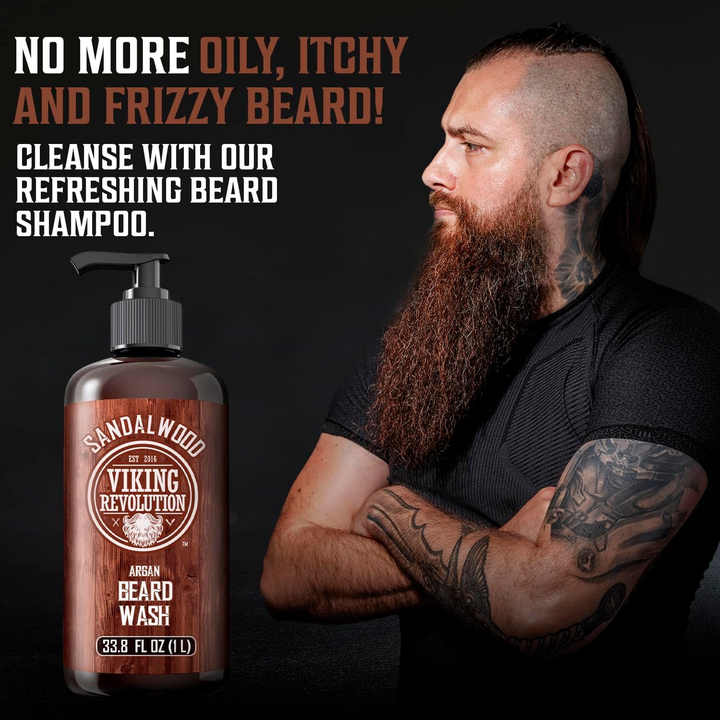 Viking Revolution Sandalwood Beard Wash for Men with Argan Oil - Beard Softener and Strengthener Beard Shampoo with Ginseng, Red Sage, Vitamin B5