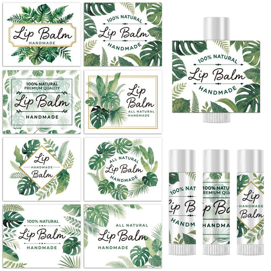 Peacoblue 160Pcs Lip Balm Labels Sticker for Tubes 2.1"x1.7" Tropical Plants With Monstera, 8 Styles Waterproof Chapstick Labels Glossy for Homemade Beauty and Personal Care peacoblue