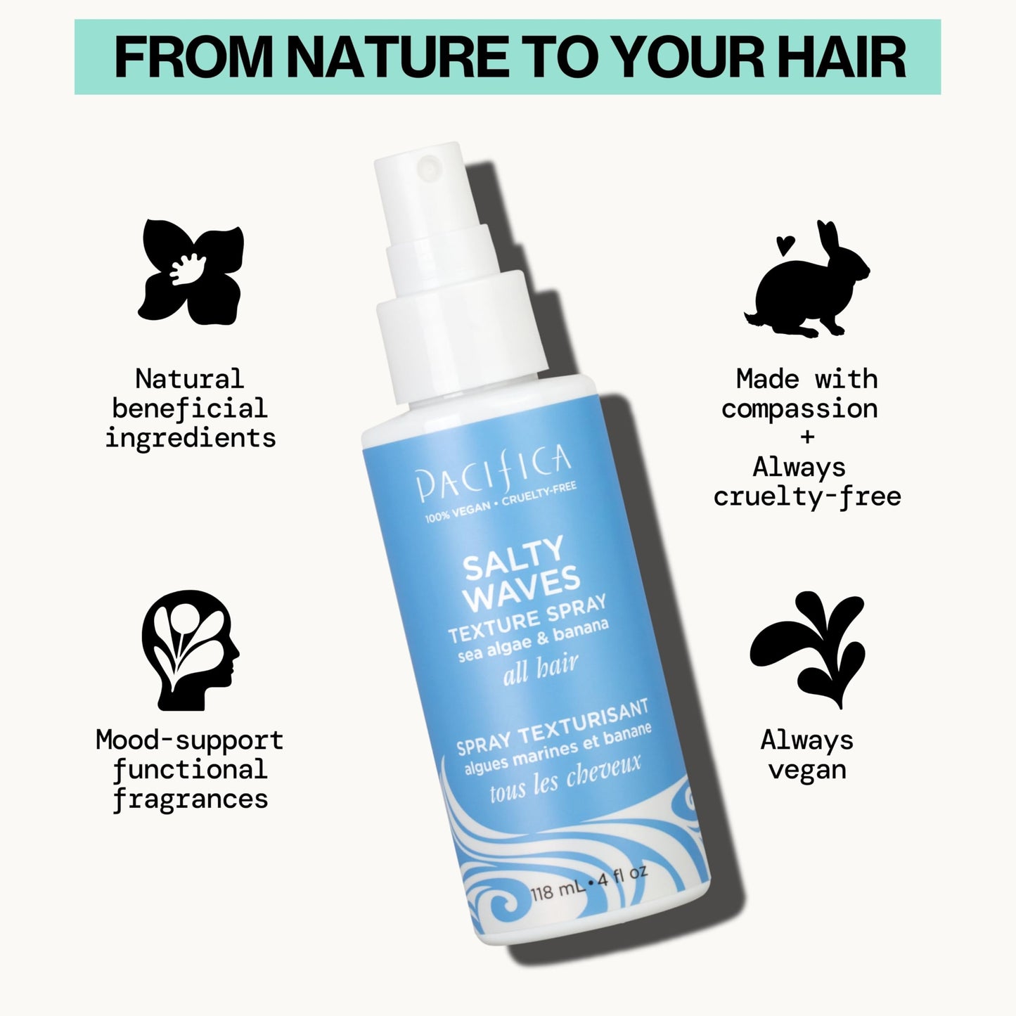 Pacifica Beauty, Salty Waves Texture Sea Salt Spray for Hair, Beachy Waves, Wavy Hair Products, Hydrating, Banana Scent, Curl Enhancing, Paraben Free