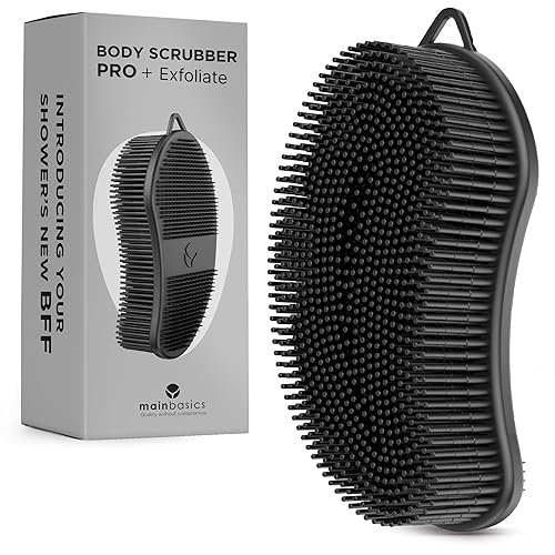 MainBasics Silicone Body Scrubber Dual-Sided Shower Loofah and Exfoliator (Black, Exfoliate)