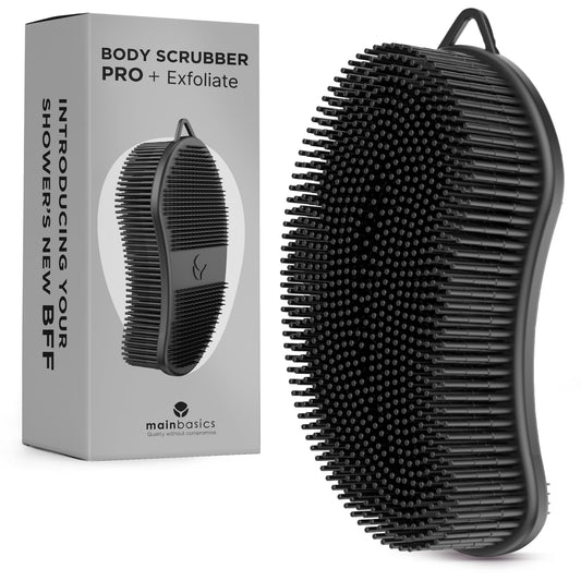 MainBasics Silicone Body Scrubber Dual-Sided Shower Loofah and Exfoliator (Black, Exfoliate)