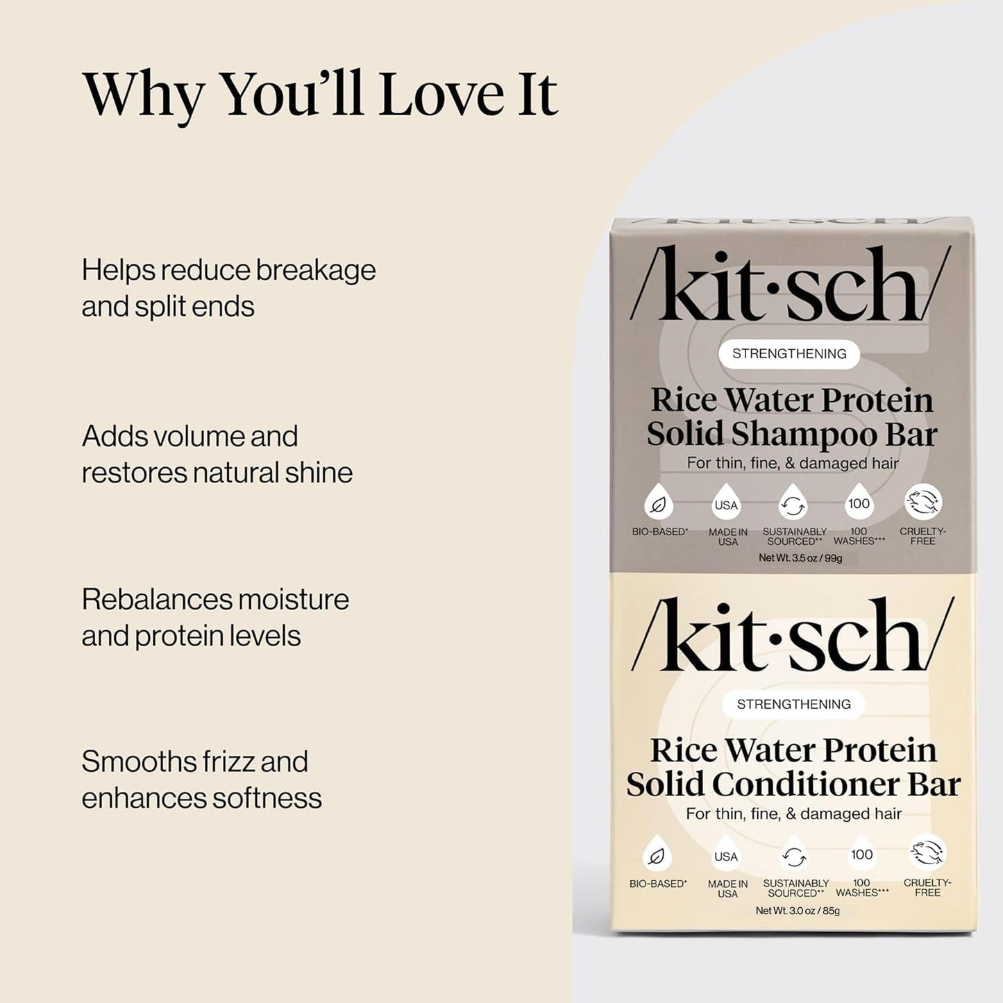 Kitsch Rice Water Shampoo & Conditioner Set - Solid Shampoo & Conditioner Bar with Protein for Hair Growth, Strengthening Hair & Damage Repair