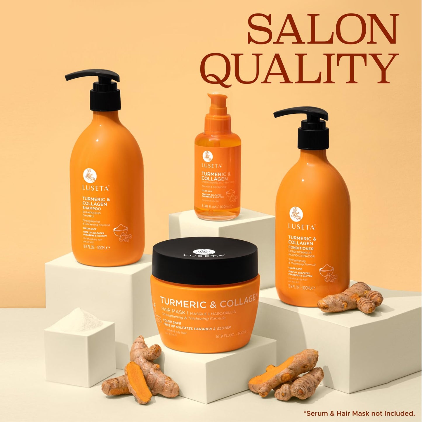 Luseta Volumizing Shampoo and Conditioner Set for Thin Fine Hair - Thickening & Plumping with Turmeric & Collagen, Lightweight Body Building for Flat
