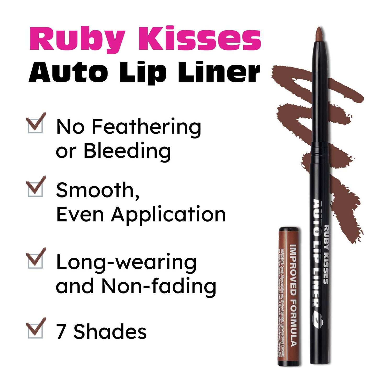 Ruby Kisses Auto Lip Liner Pencil (Brown 3 Pack), Long Lasting & Non-Fading, Smooth Application, Non-Feathering with Rich Pigmented Color, No