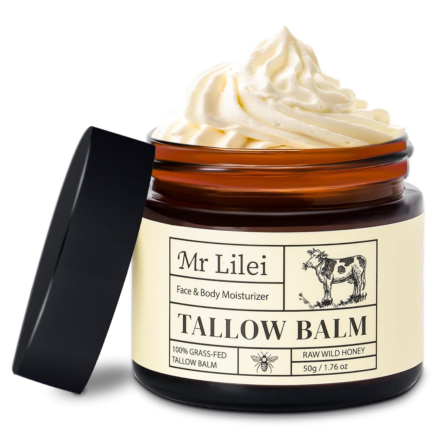 Lilei Beauty Beef Tallow for Skin - 100% Organic Grass-Fed Beef Tallow Balm with Raw Honey, Natural Whipped Face Moisturizer & Body Butter for Dry Beauty and Personal Care Lilei Beauty