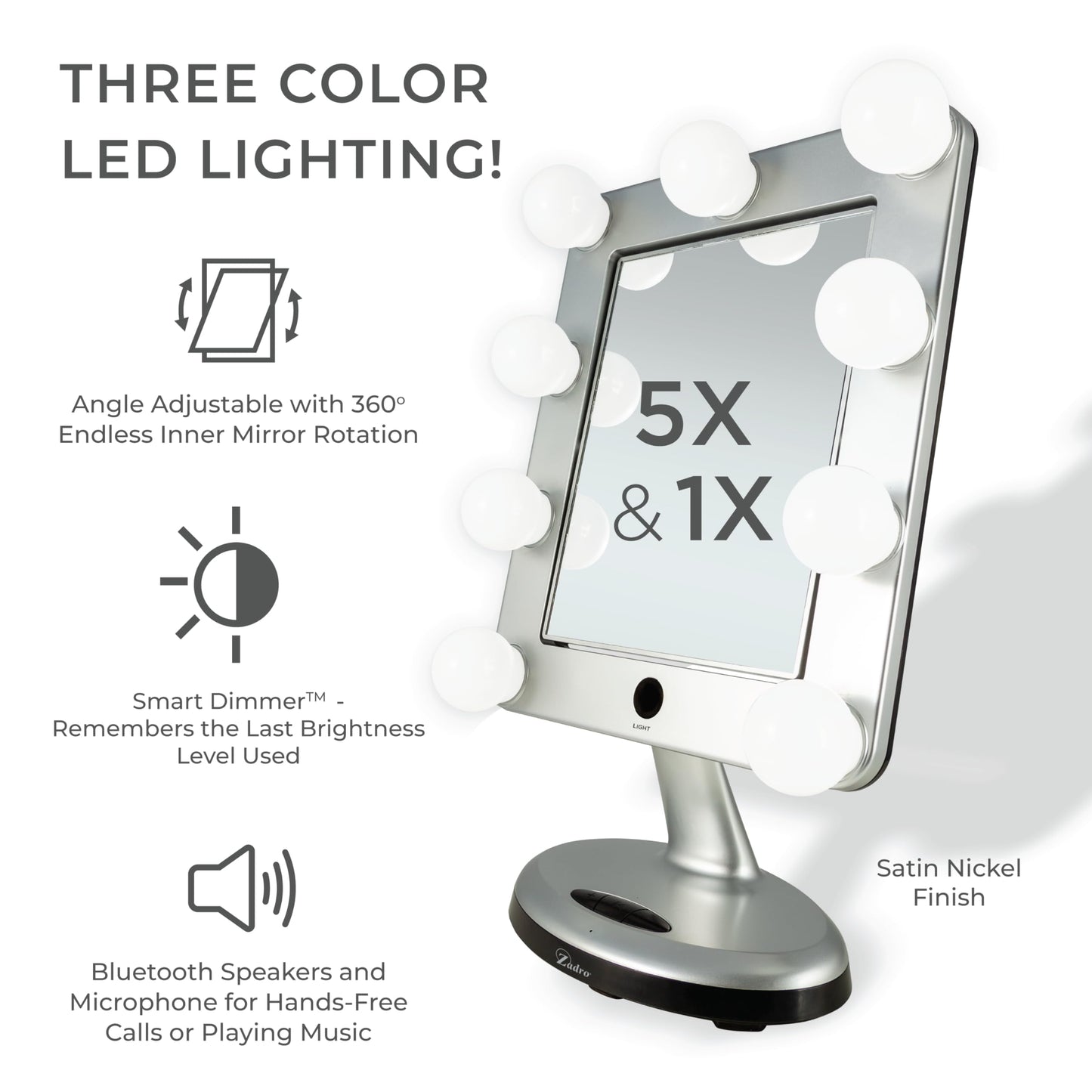 Zadro Melrose LED Variable 3-Color Lighted Dual-Sided 5X/1X Magnification Bluetooth Vanity Beauty Makeup Hollywood-Style Mirror, Satin Nickel