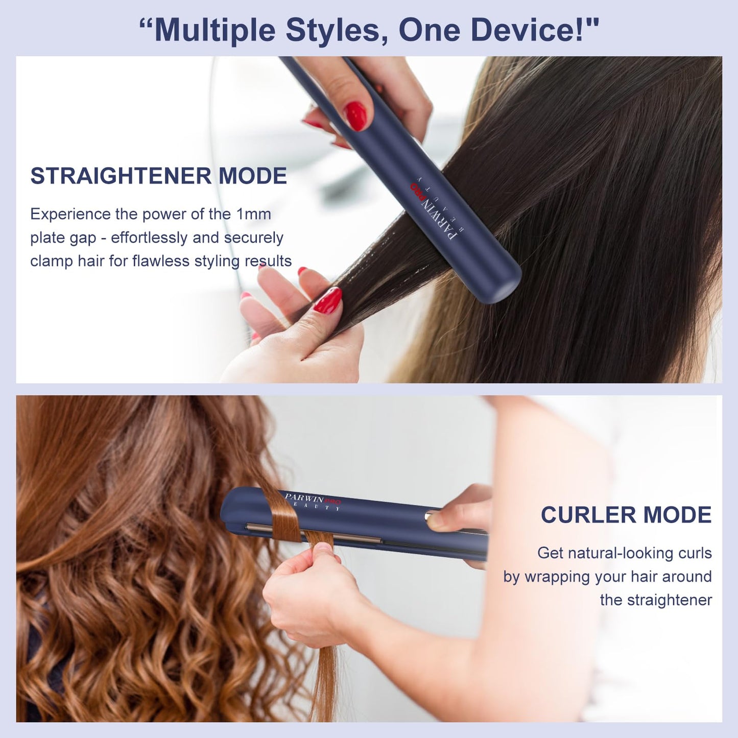 Hair Straightener and Curler, PARWIN PRO BEAUTY 1'' Flat Iron, 1.25'' Curling Iron Hair Straightener Brush with Detachable Power Cord, LED Temp
