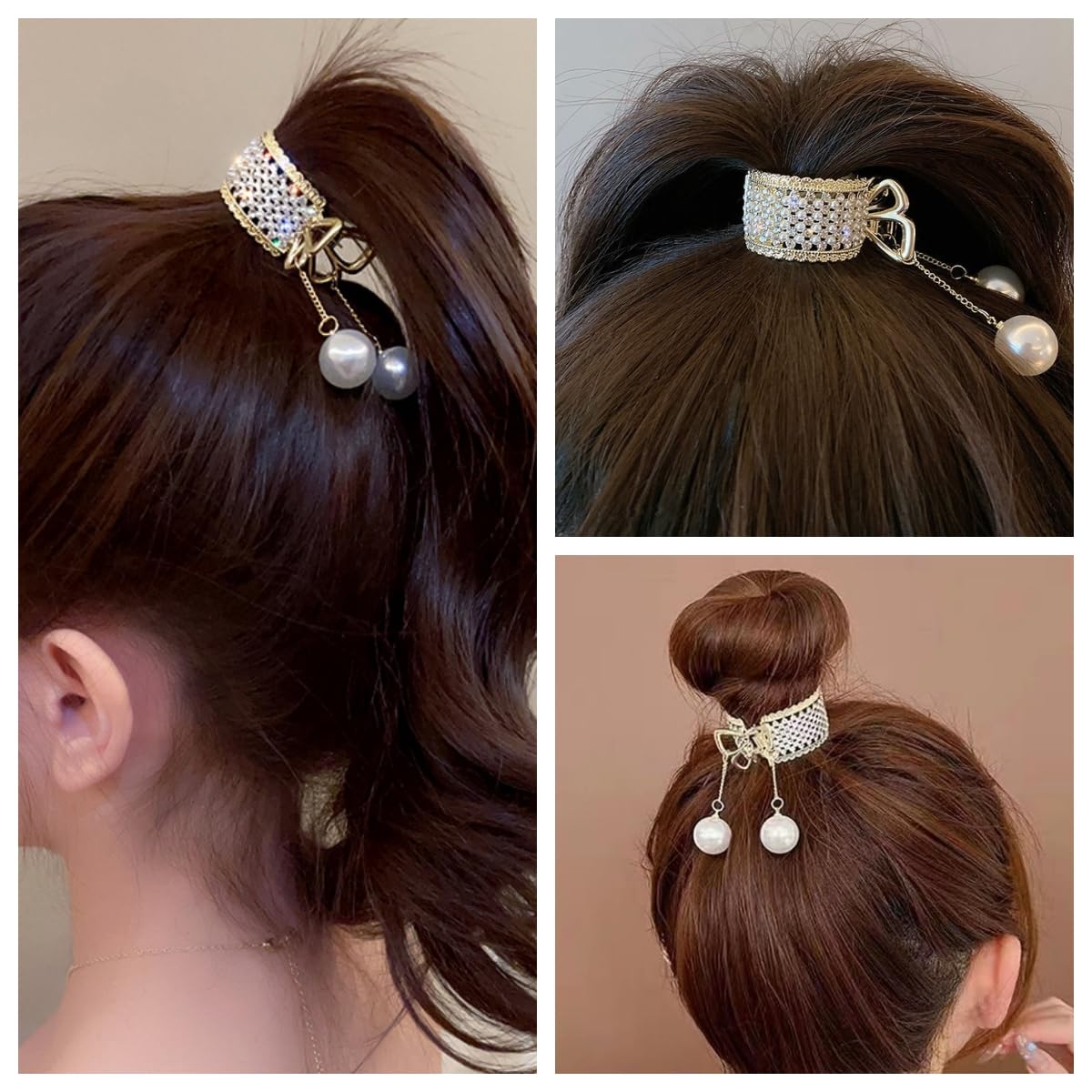 Textention Small Hair Claw Clips for High Ponytail, 2 Pieces Rhinestone Shark Hair Clips with Nonslip Mini Pearl Hair Clamps, Hair Clips Hairpins Hair