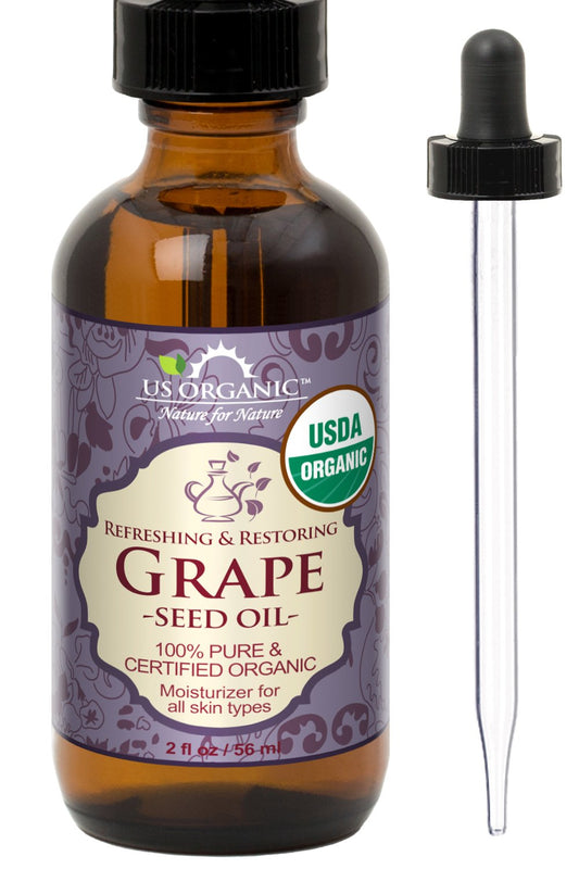 US Organic Grape Seed Oil, USDA Certified Organic, 100% Pure & Natural, Cold Pressed Virgin, Unrefined, in Amber Glass Bottle
