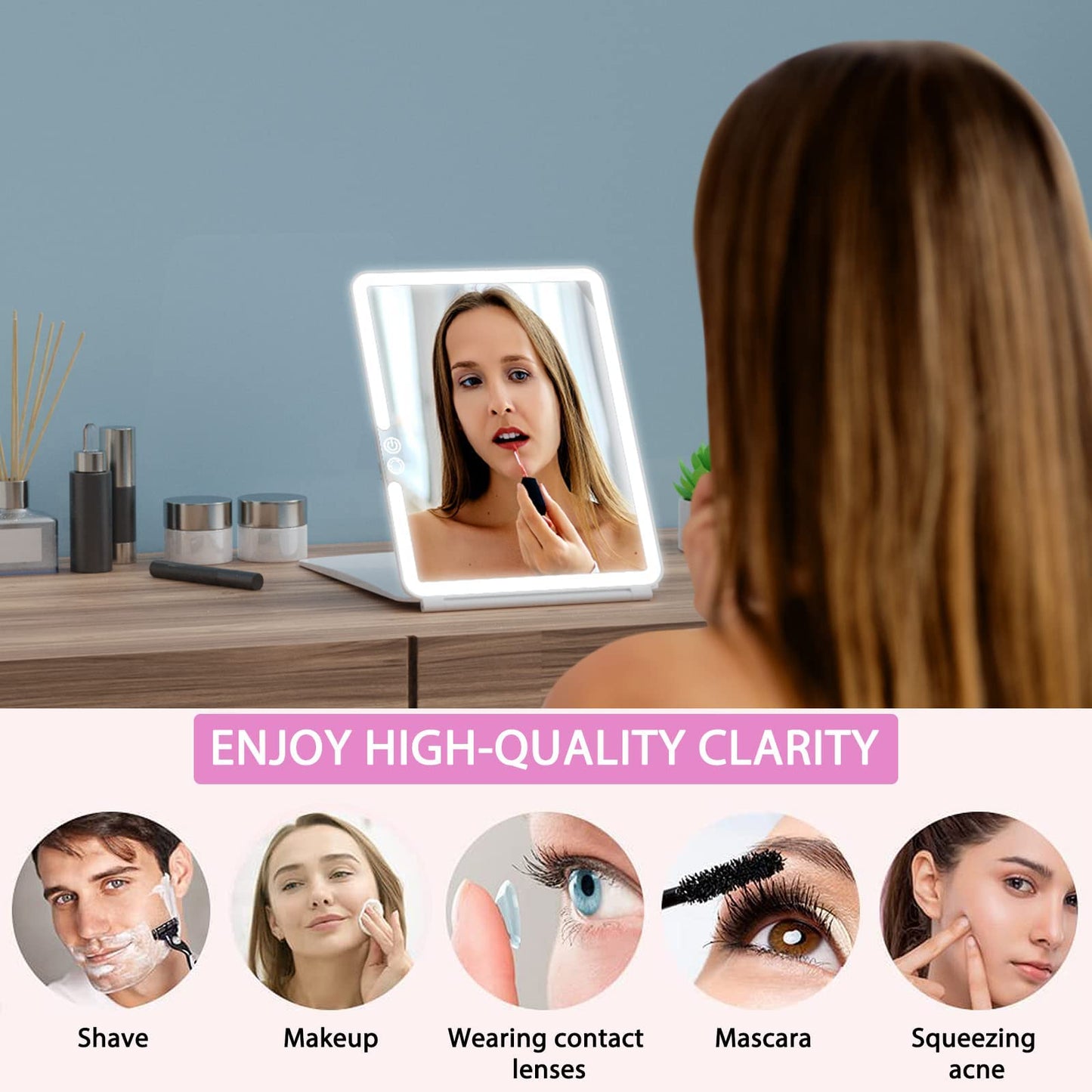 WEILY Portable Travel Mirror Makeup Mirror with 72 LED Lights, Touch Screen Three Colors Dimmable,Ultra Thin, 2000 mAh USB Rechargeable Foldable