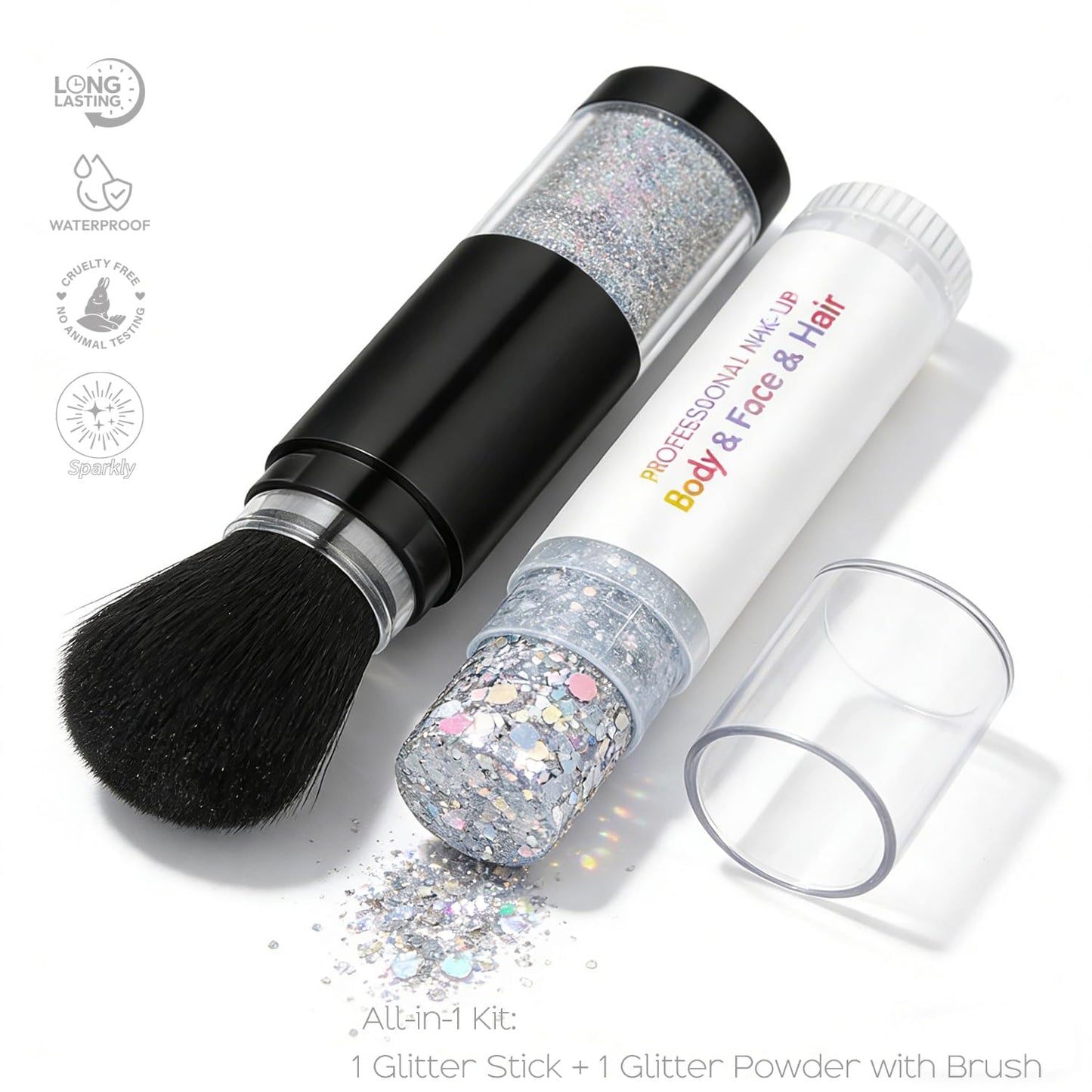 Holographic Mermaid Glitter Makeup Kit: 2-in-1 Body & Face Stick & Loose Powder with Built-in Brush for Festival, Rave, Concert, Carnival | Shimmery