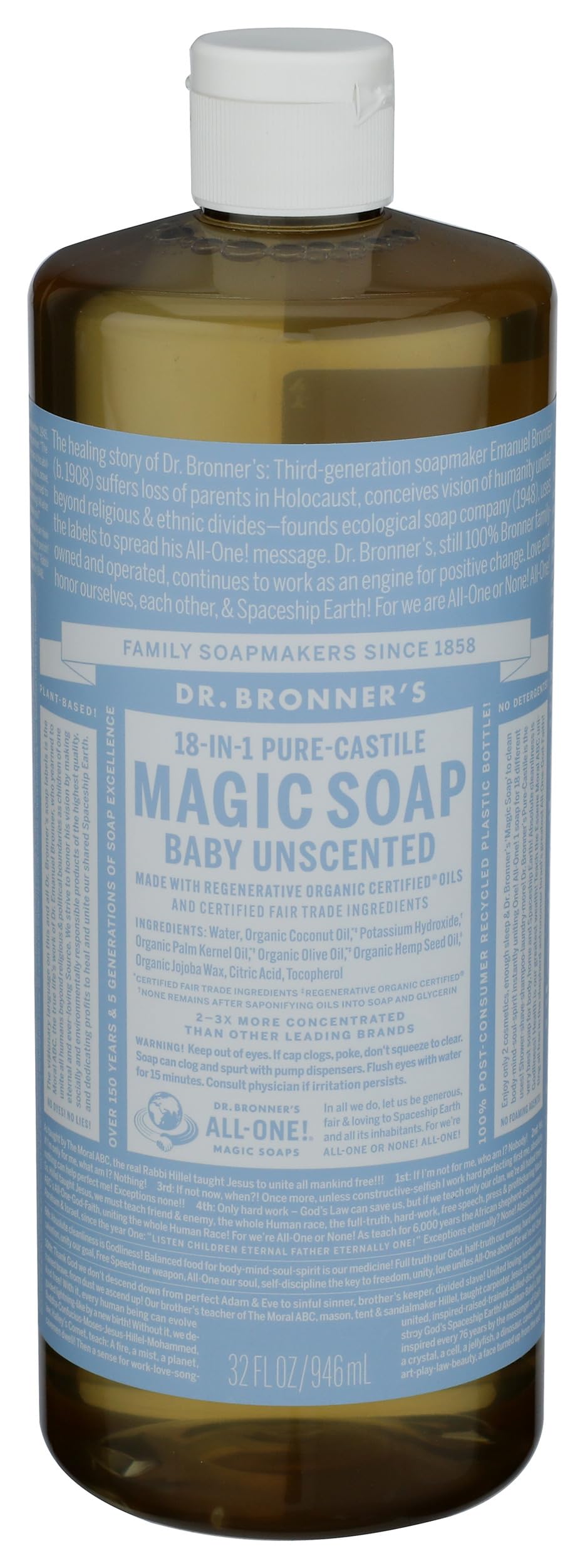 Dr. Bronners Baby Unscented Liquid Castile Soap, 32 FZ