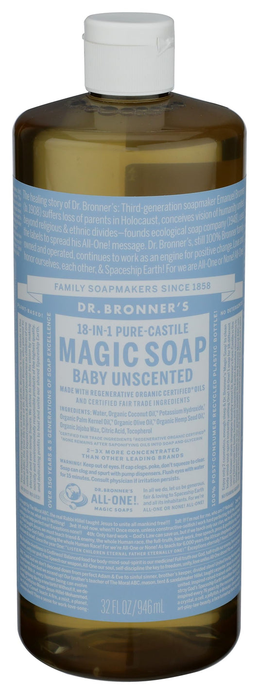 Dr. Bronners Baby Unscented Liquid Castile Soap, 32 FZ