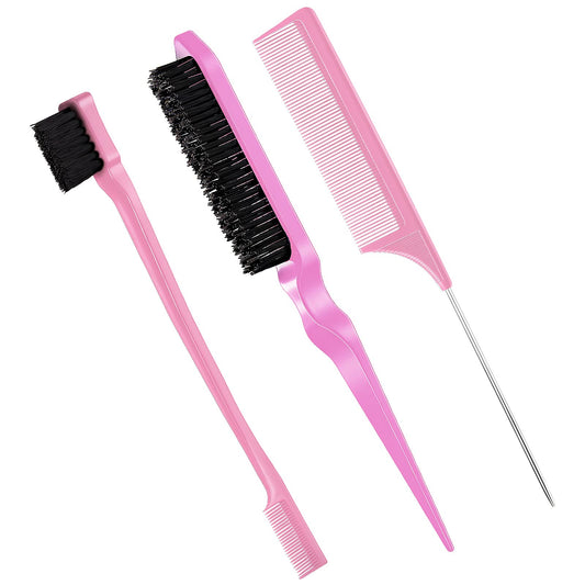 Geiserailie 3 Pcs Slick Back Hair Brush Set Bristle Brush Edge Control Teasing Comb for Women Black Hair(Light Pink) Beauty and Personal Care Geiserailie Default Title