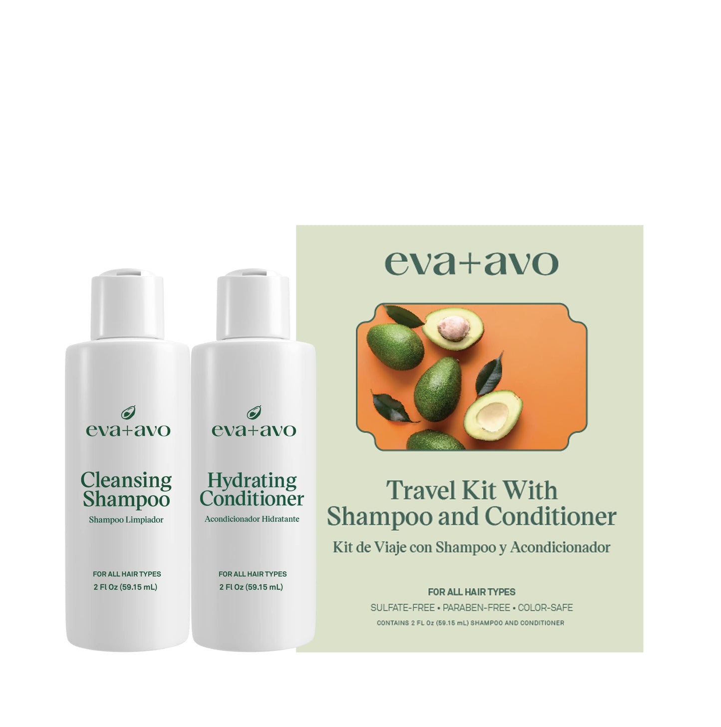 EVA + AVO Avocado Shampoo & Conditioner Travel Kit 2 fl oz, Sulfate-Free Gentle Cleanse for Dry Scalp, Fine, Curly, Damaged or Thin Hair, Hydrating