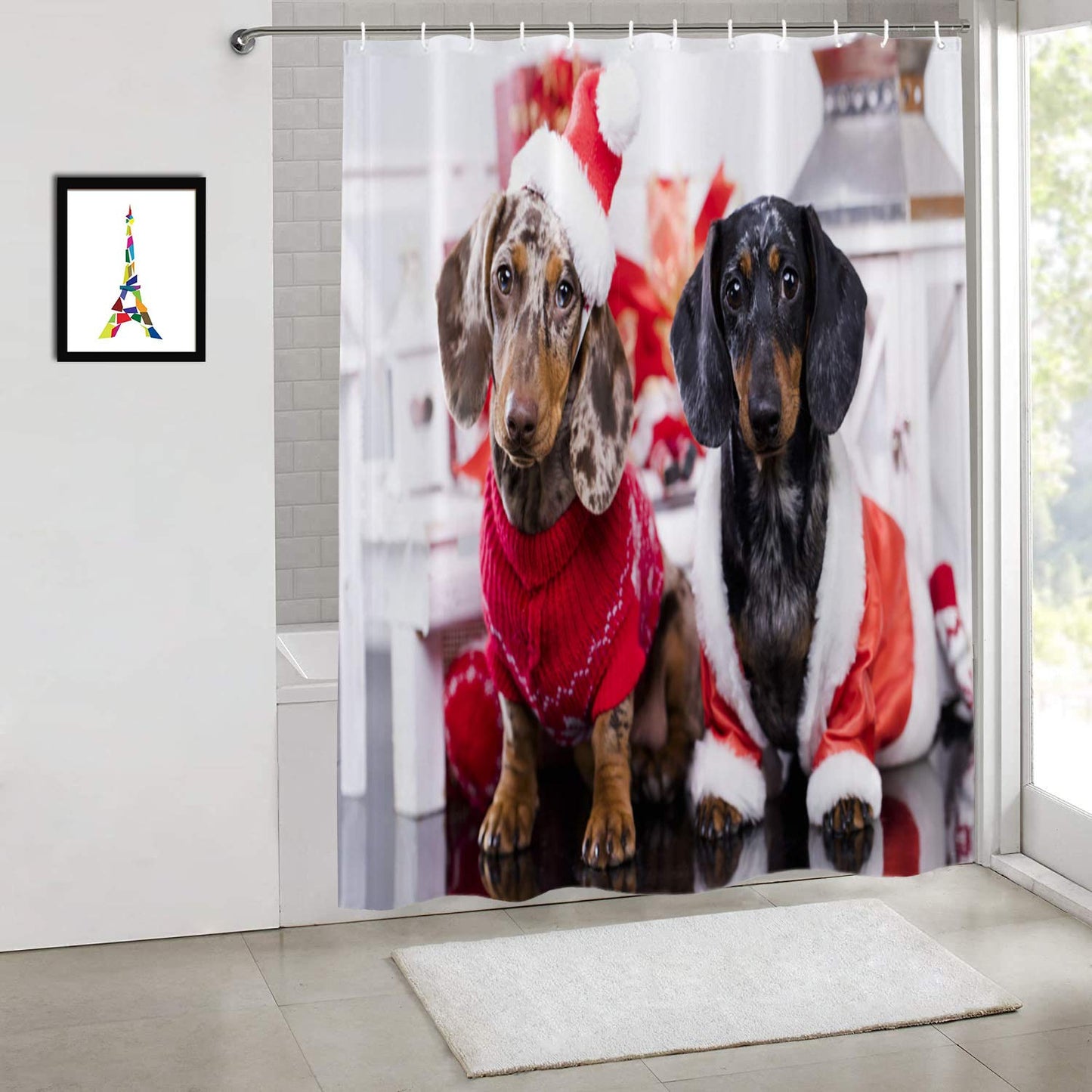 Shrahala Christmas Dog Cat Decorative Shower Curtain, Cute Dachshund Doxie Dog Shower Curtain for Shower Stall Bathtubs Bathroom Decor Waterproof…
